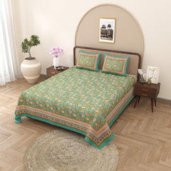 King Size Bedsheet With 2 Pillow Cover - 90 X 108 Inches, Green & Mustard | Light Weight & Easy To Wash At Home | Resistant For An All-Season Use