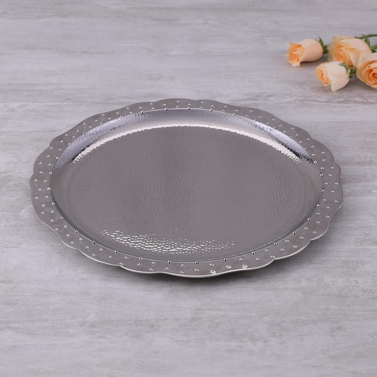 Designer Chrome Stainless Steel Round Platters - Polka Series | Serving Tray For Food Dessert Fruit Coffee Tea - Serve Ware, Dinnerware & Tableware