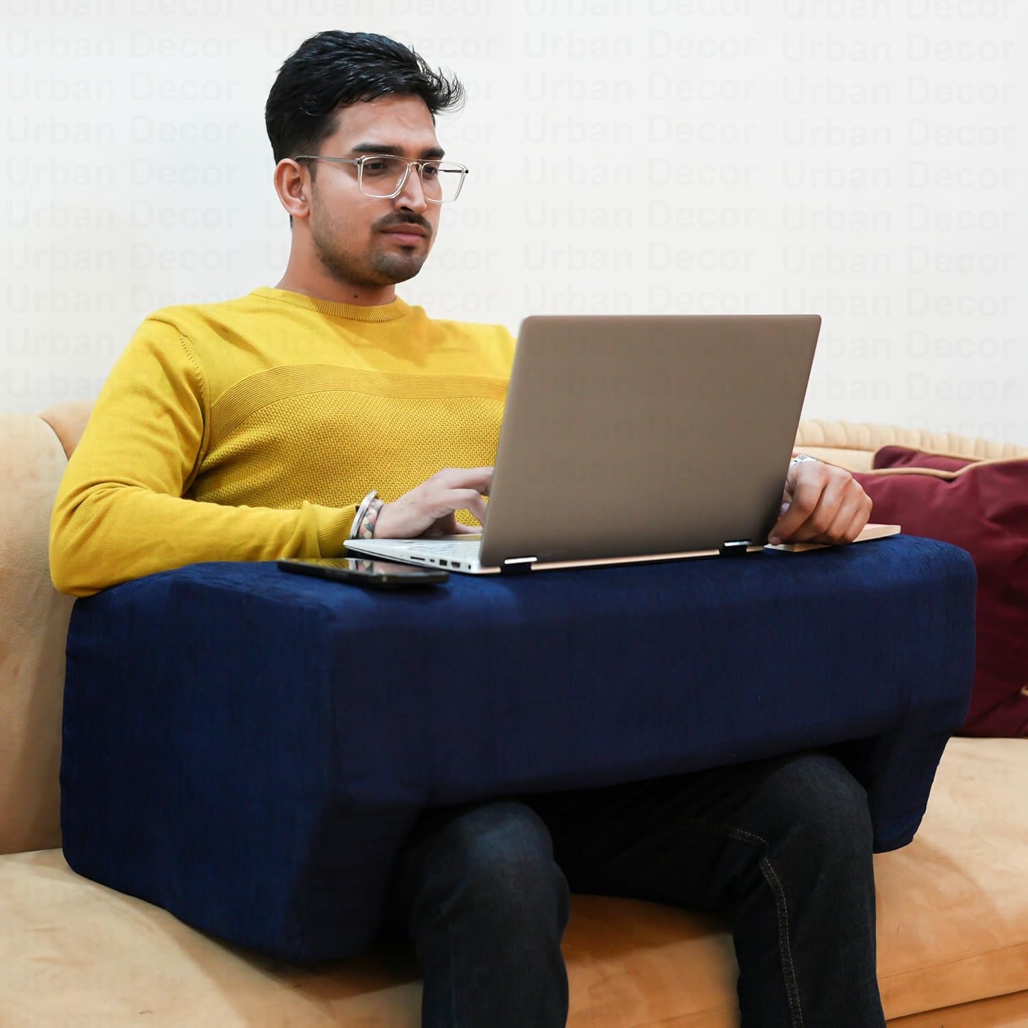 Lap Desk Pillow, Portable Computer Table & Laptop Lap Desk For Sofa, Blue | Ergonomic Gaming Desk Table With Arm Rest | Work Desk Accessories For Reading, Neck Support, Washable Cover
