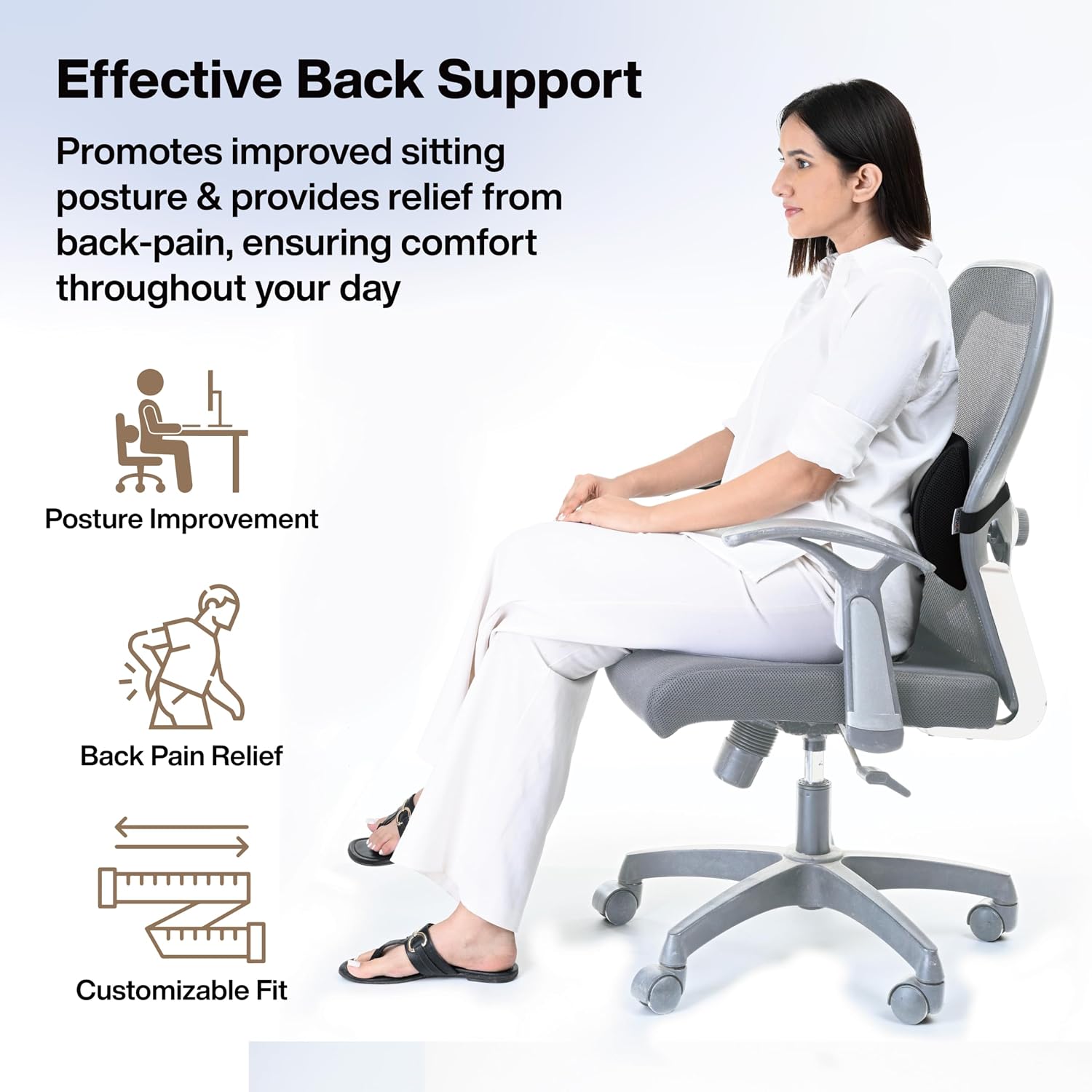 Lumbar Support Roll For Back Pain Relief, Back Support & Posture Correction, Black | Slim, Versatile Cushion For Office, Car & Travel With Adjustable Strap | Cooling, Lightweight