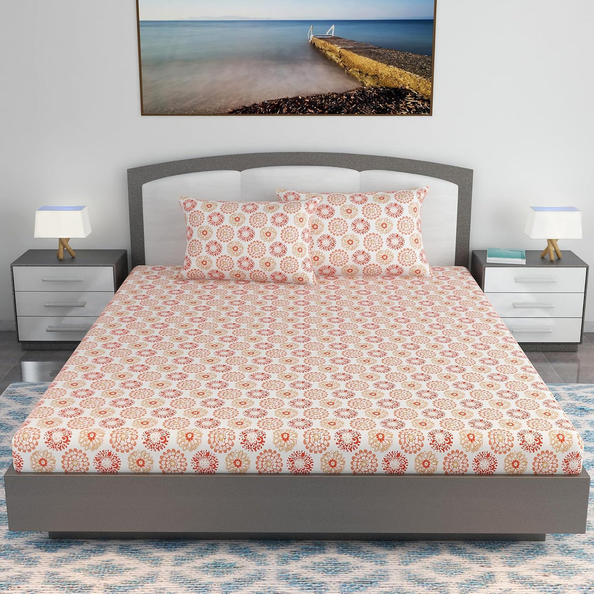 King Size Double Bedsheet With 2 Pillow Covers - 108 X 108 Inches, White & Red Orange | Soft & Durable For Everyday Use - All Season Comfort