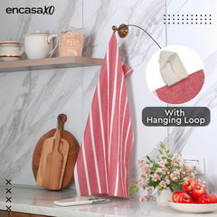 Encasa Xo Kitchen Cooking Cloth 340 Gsm | Cotton Hand Towel For Drying Dishes Highly Absorbent Cleaning & Quick Drying Of Plates | Roma Red Stripes (Set Of 4)
