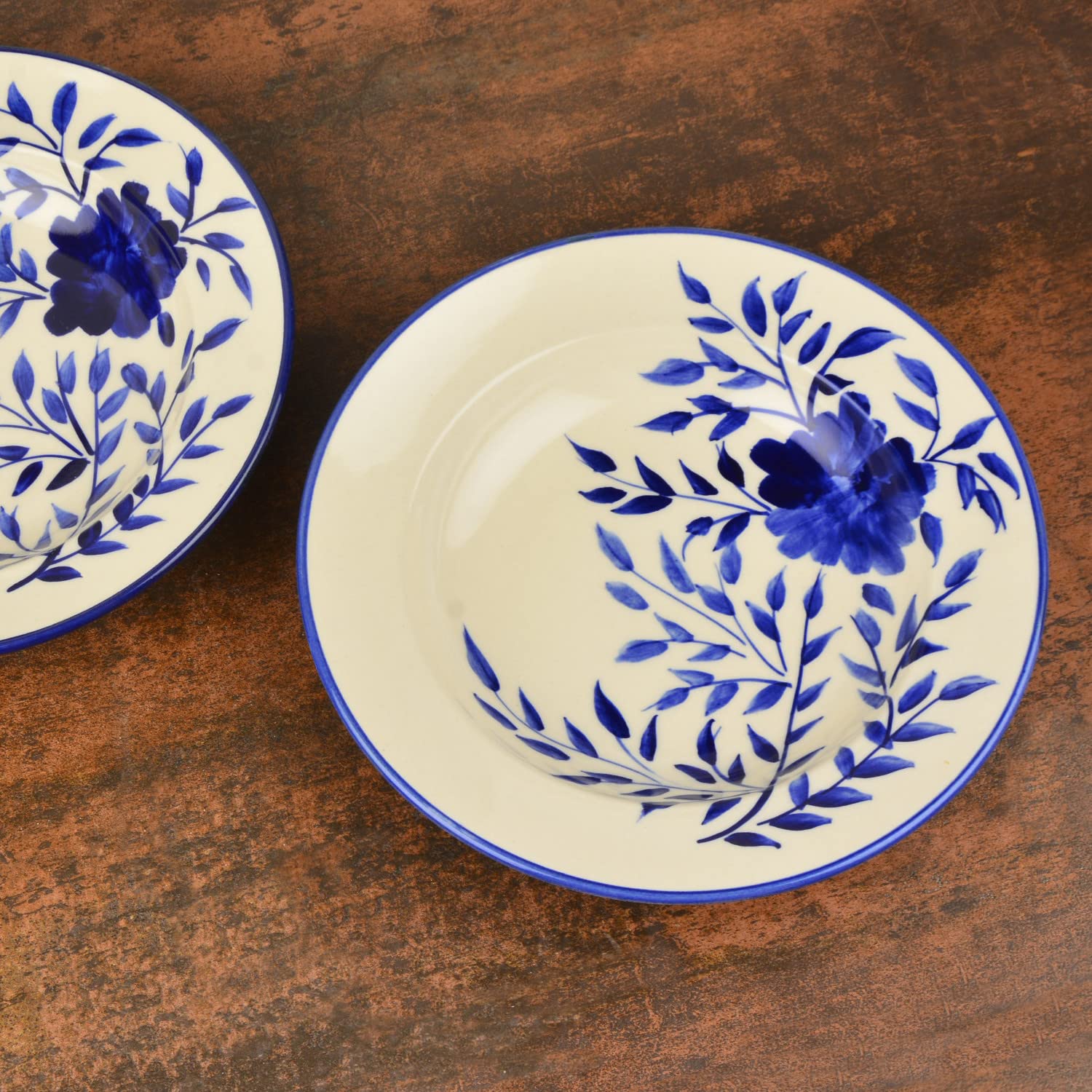 Hand Painted Premium Ceramic Floral Deep Pasta Plates Set Of 2 - Diameter: 9.5 Inches, Blue & Off White | Soup Plates - Maggi Plates