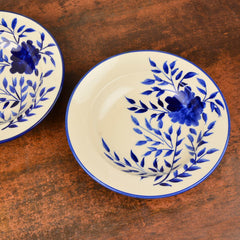 Hand Painted Premium Ceramic Floral Deep Pasta Plates Set Of 2 - Diameter: 9.5 Inches, Blue & Off White | Soup Plates - Maggi Plates