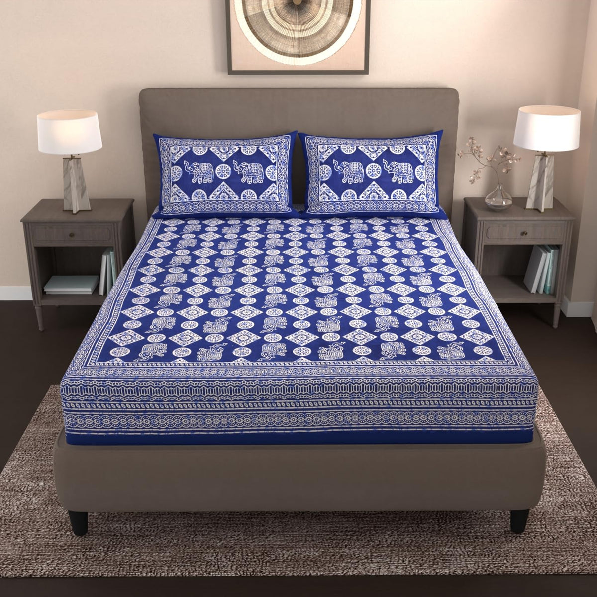 Handloom Printed Double Bedsheet For Queen Size With 2 Matching Pillow Cover | Size 90 X 100 Inches, Blue & White - Cotton Bedsheets For Double Bed | Soft & Smooth
