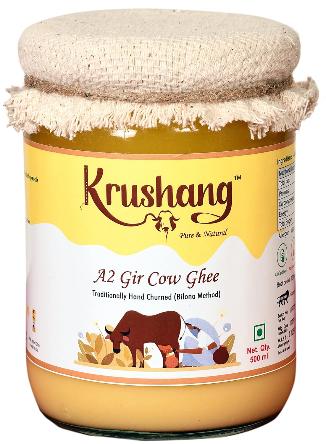 Natural A2 Gir Cow Bilona Ghee By Krushang | Traditionally Hand Churned Bilona Method Healthy Pure Desi Ghee Helps In Bones Health | (500ml) 16.9 Ounce | Jar Pack