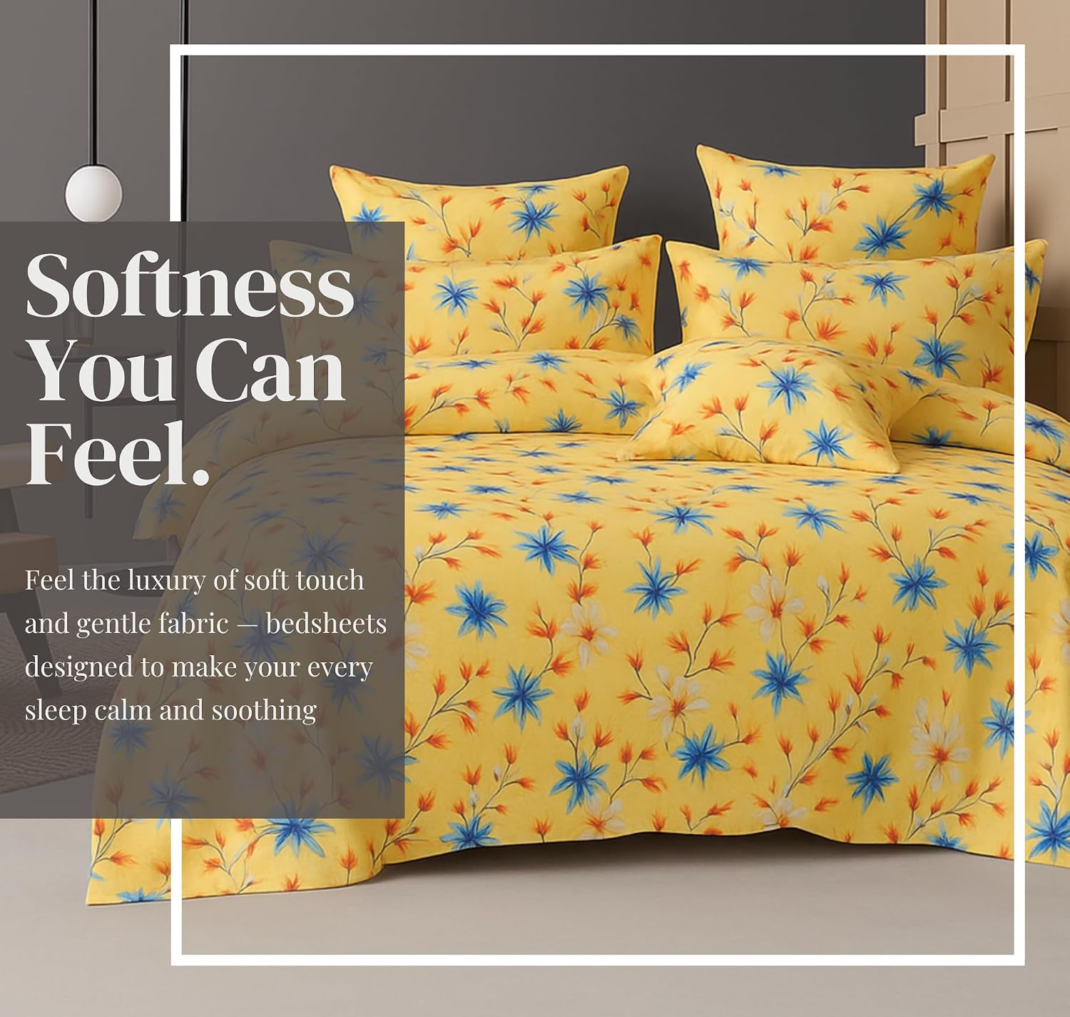 Cotton Double Bedsheets King Size With 2 Pillow Covers | Size 78 X 72+10 Inches, Beige & Blue-All Around Elastic Fitted Design Bedsheet
