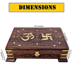 Wooden Om Box For Good Luck, Jewellery Box, Decorative Cash, Kit, Vanity | Organiser For Women, Necklaces, Cash, Gold Padestal Engraved 10 X 6, Colour - Brown