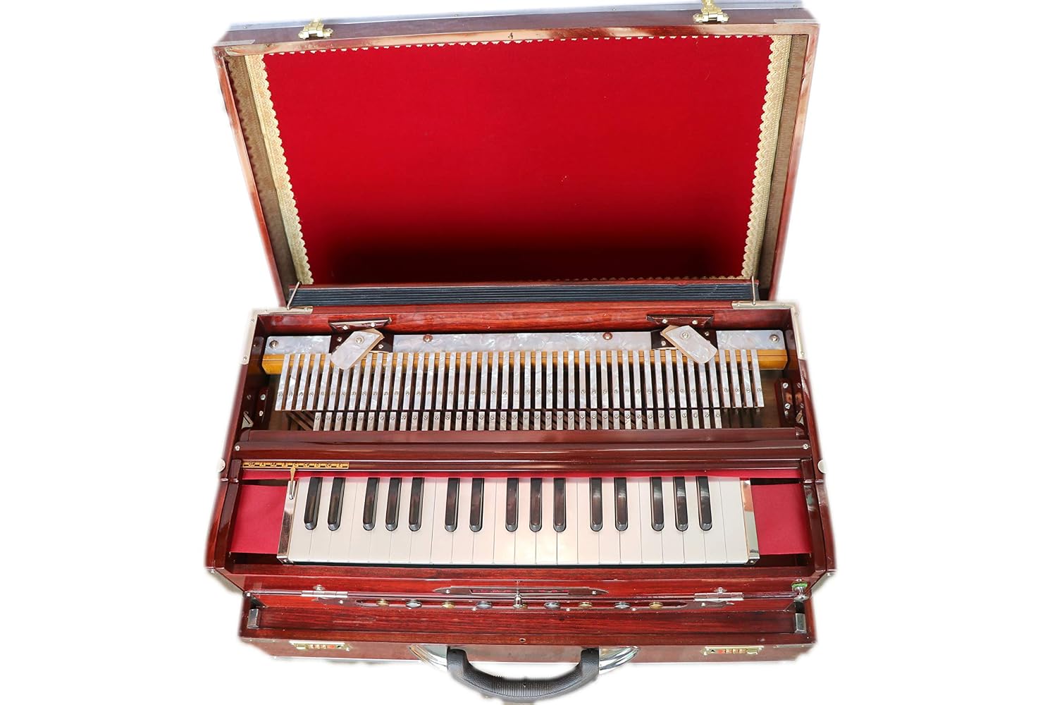 Musical Instrument Harmonium With Full Padding Chain Cover - 9 Scale Changer (With Coupler), 3 3/4 Octave, 3 Set Of Premier Star Reeds (Base, Male & Female), 37 Italian Keys