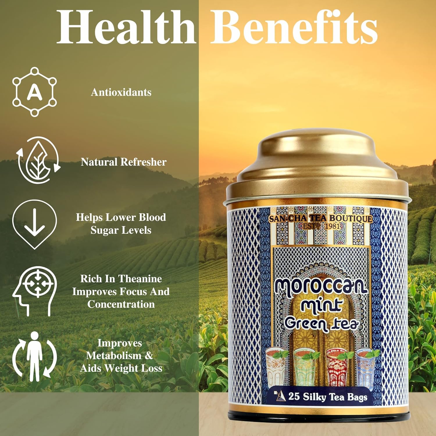 San-Cha Moroccan Mint Green Tea - 25 Silky Tea Bags | Herbal Tea For PCOD & PCOS - Environment Friendly & Made In Corn Fiber | Low Caffeine