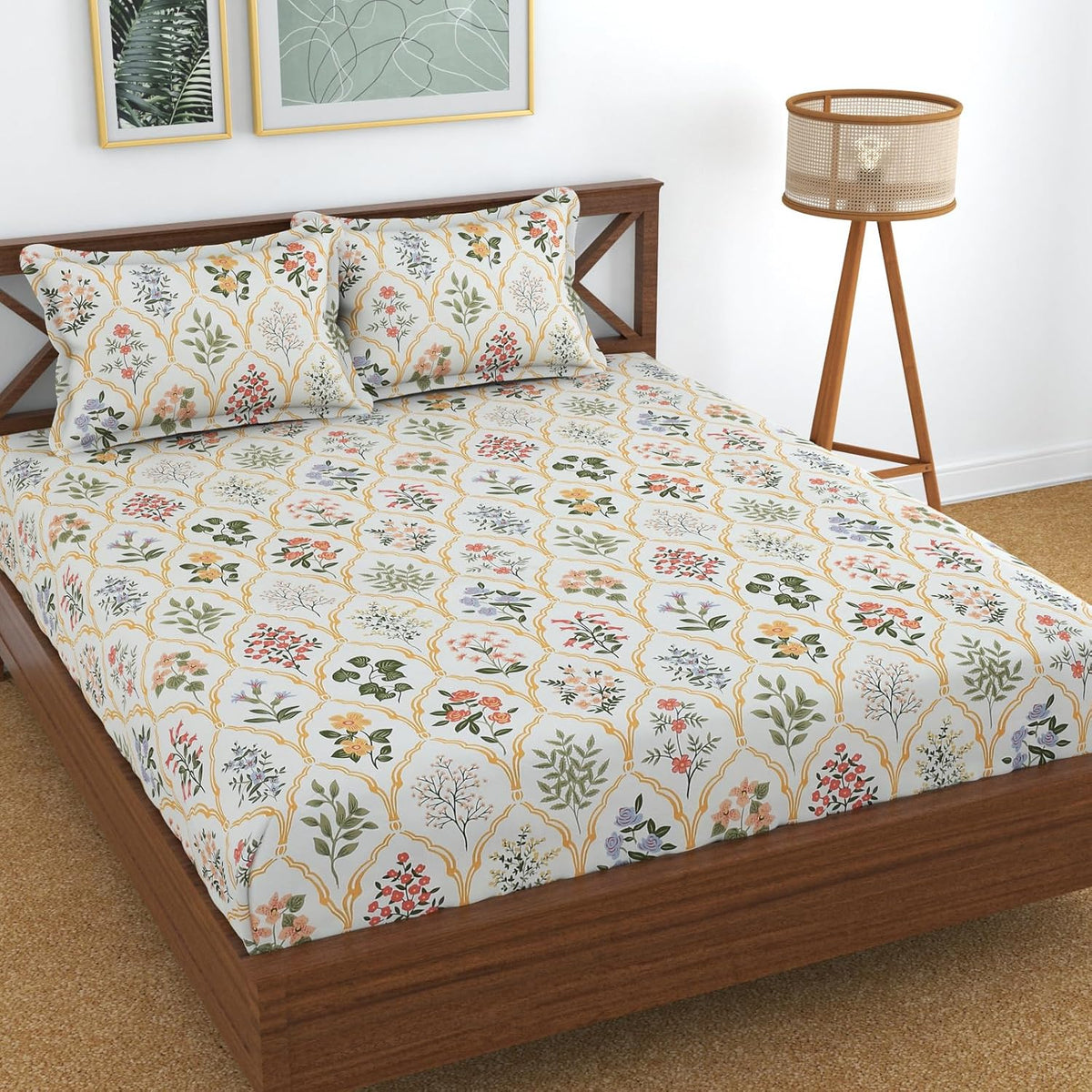 Printed Double Bedsheet With 2 Pillow Cover - 72 X 78 X 6 Inches, Multicolor | All Around Elastic Fitted Bedsheet | Super Soft Polycotton With 200 Thread Count
