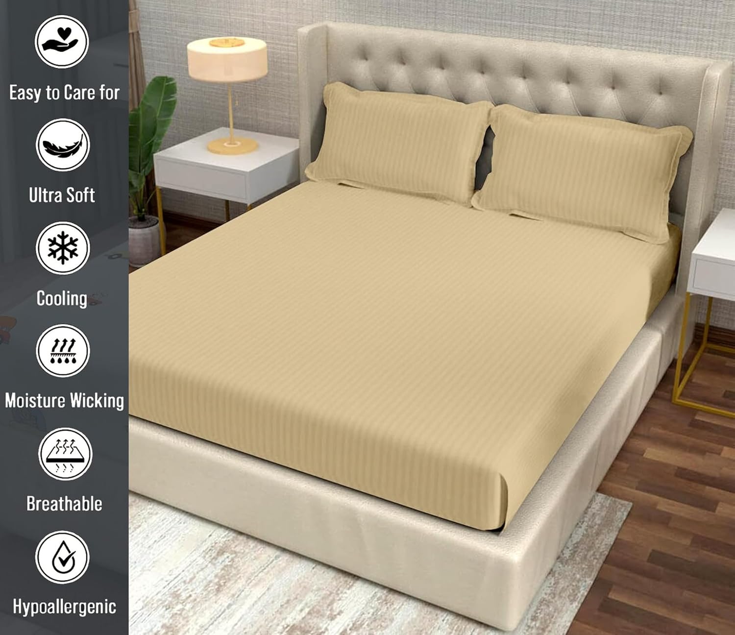 Striped Cream Bedsheet For King Size With 2 Pillow Cover (90 X 95 Inches) | Softer & Durable For All Season | Ideal For Daily Use Home Bedsheet