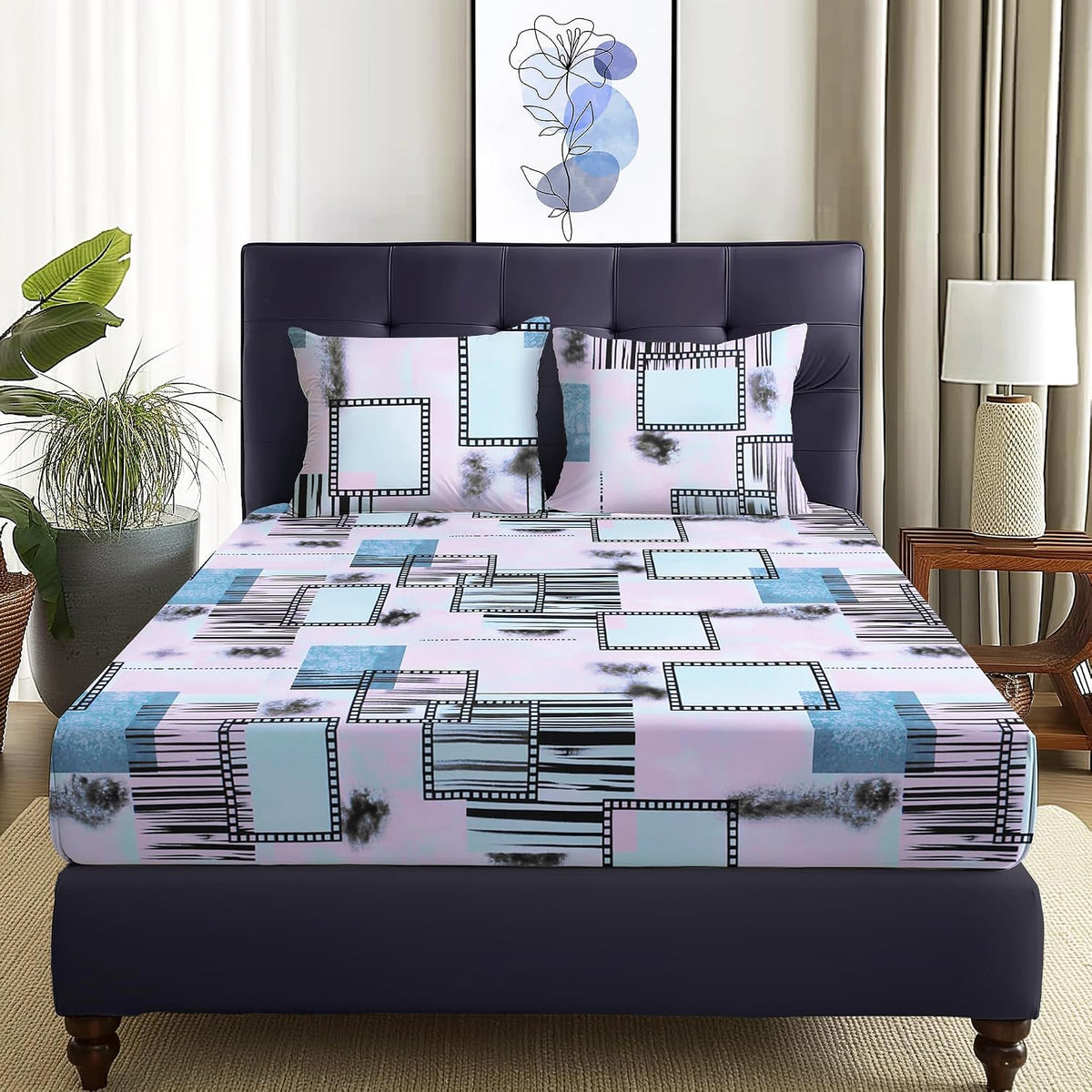 Double Bedsheet With 2 Pillow Covers - Queen Size 88 X 98 Inches, Pink & Black | Perfect For Home Decor & Gifting | 4 Pcs Bedding Set