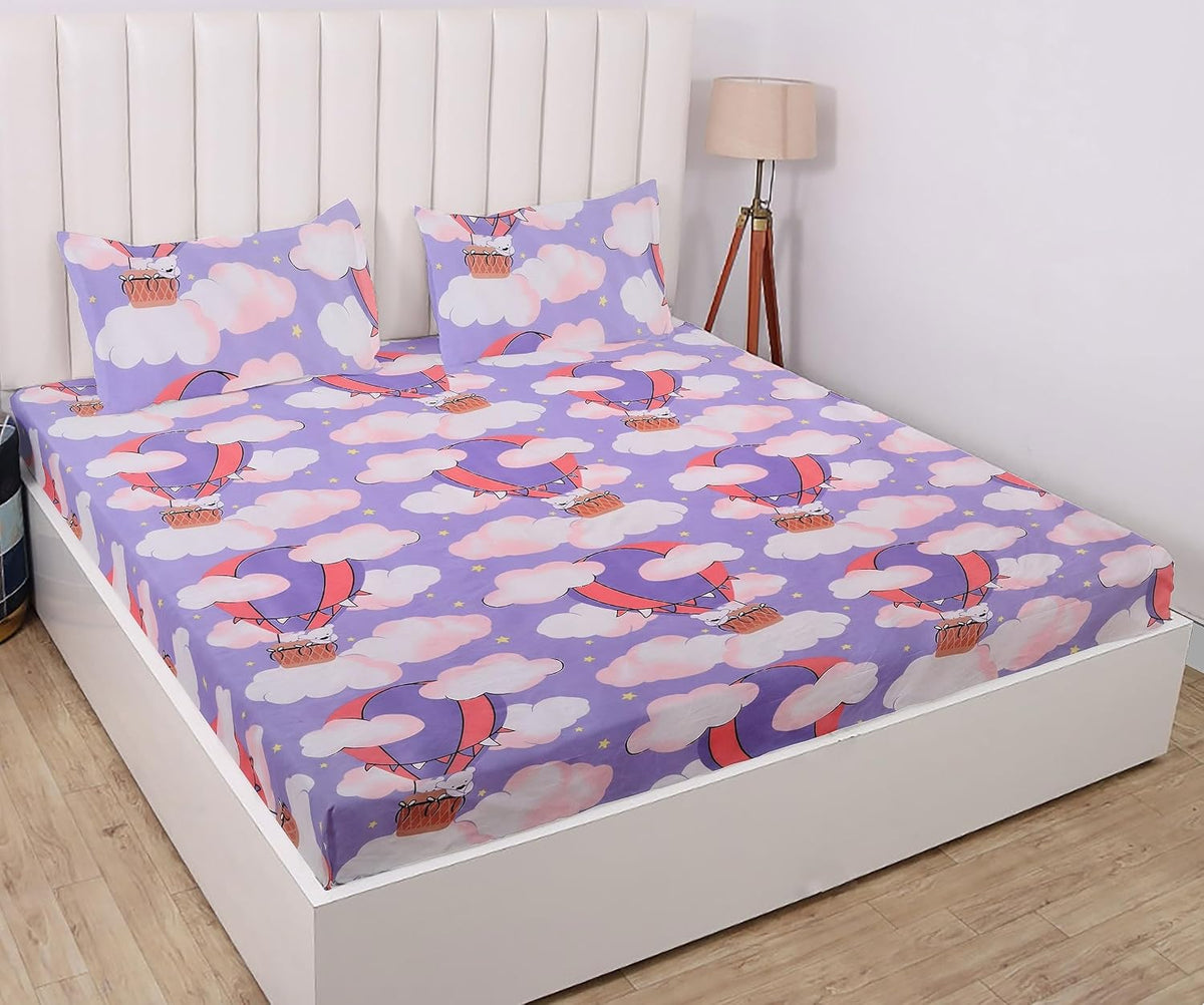 Elastic Fitted Bedsheet For King Size With 2 Pillow Covers - 72 X 78 X 8 Inches, Lavender | Presents Luxurious Glace Cotton Super Soft 210 Thread Count