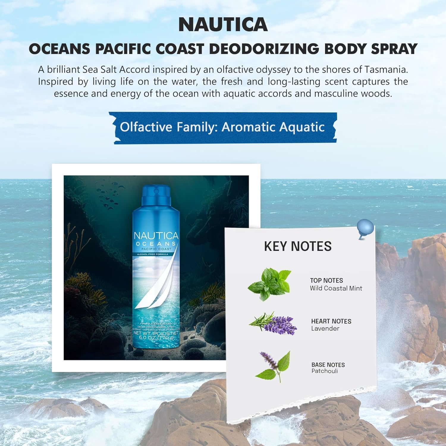 Nautica Oceans Pacific Coast Deodorizing Body Spray 170gm 6.0 Oz. Alcohol Free Formula | Men Fragrance | Long Lasting