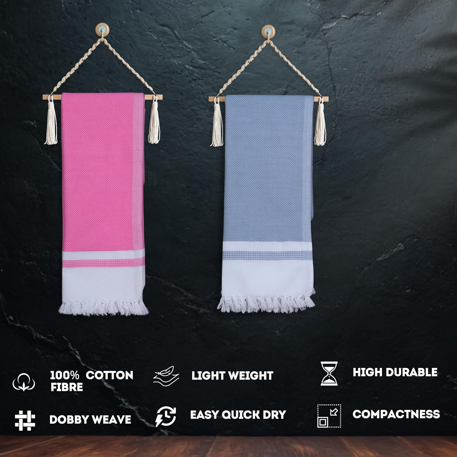 Pure Cotton Turkish Bath Towel 700 Gsm | Extra Soft Plush Light Weight Quick Dry Travel Thin Towels (Pink & Elephant Grey) - Pack Of 2