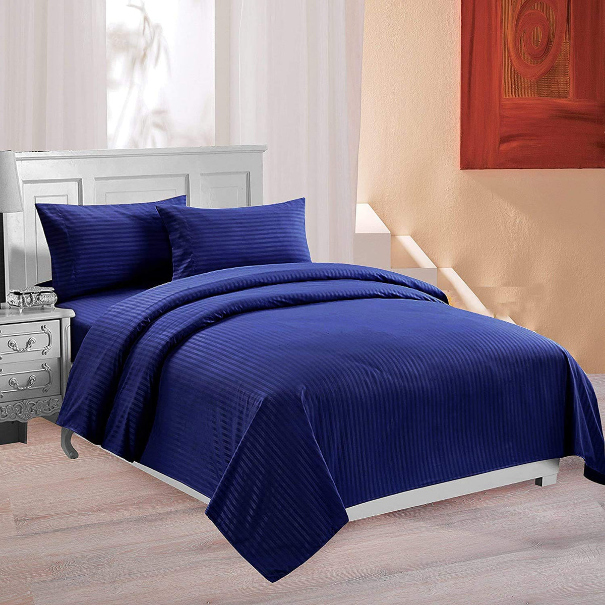 Cotton Bedsheet For Double Bed Queen Size - 90 X 100 Inches, Blue With 2 Pillow Covers | 350 Thread Count | Premium Comfort Bedsheets For Home, Hotels & Guest House