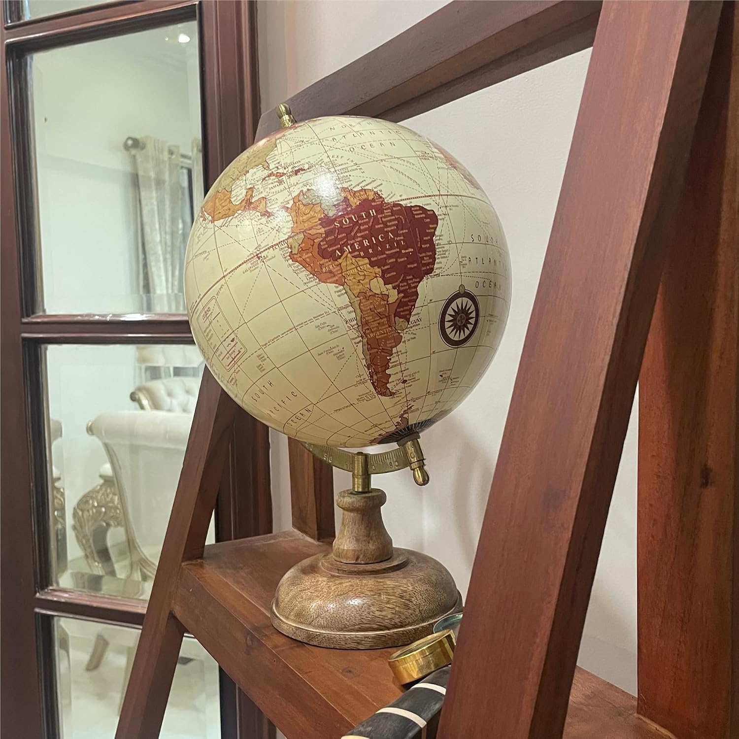 Antique Decorative Cream World Rotating Globe With Wood Base, Office, Table, Showpiece Gift, Kids & Students Learning Map, Pack Of 1