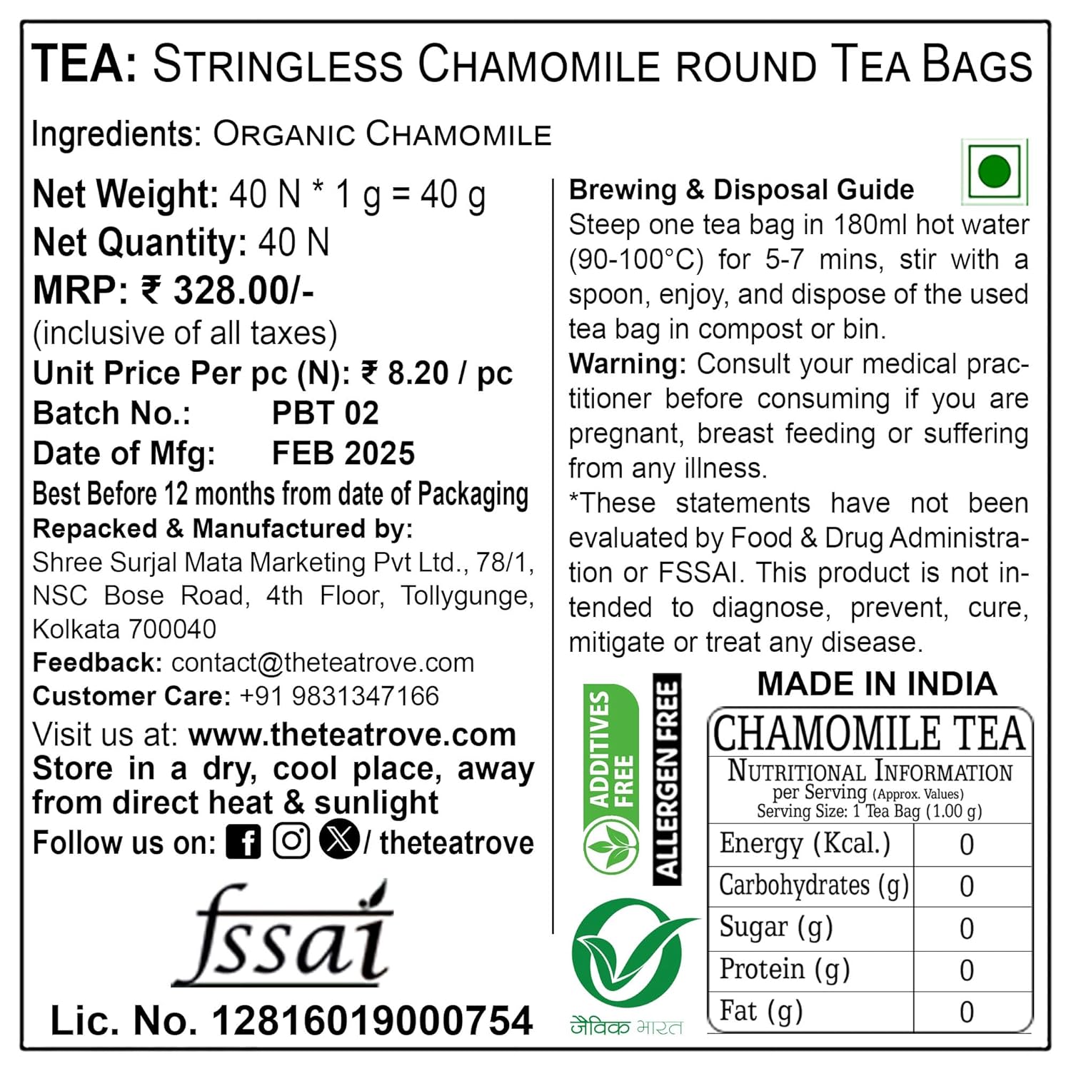 The Tea Trove Organic Chamomile Herbal Tea Bags In Resealable Pouch - 40 Unwrapped Tea Bags | Caffeine Free Chamomile For Sleep & Stress Relief Tea - Steep Hot Or Iced