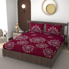 Elastic Fitted Double Bedsheets For King Size With 2 Pillow Covers - 72 X 78 X 10 Inches, Maroon | Premium Heavy Cotton All Around Elastic Fitted | Ideal For Hotel, Home, Bedroom