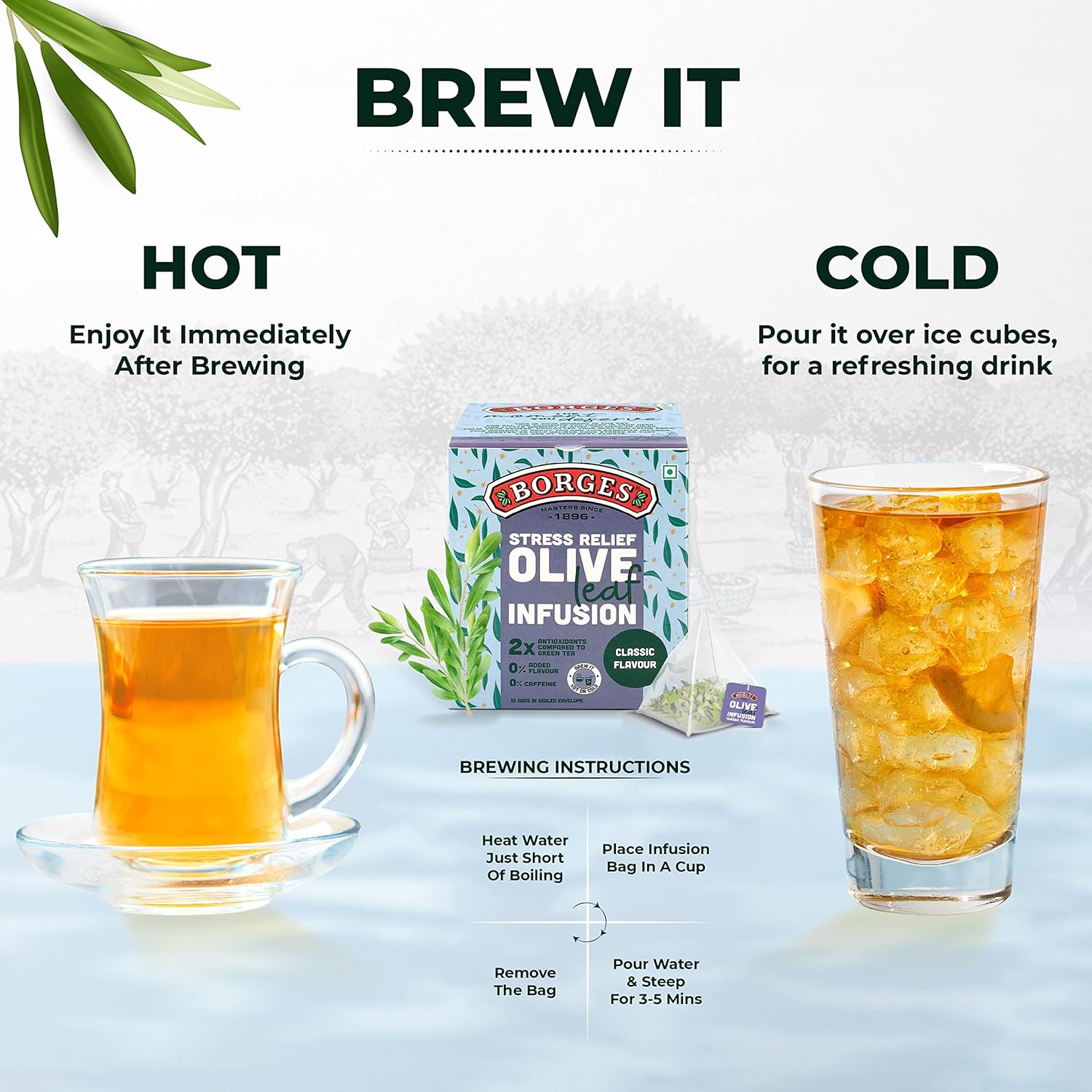 Borges Stress Relief Olive Leaf Infusion Classic Flavor Tea - 10 Bags In Sealed Envelope | 2X Antioxidants Than Green Tea - Caffeine Free, No Added Flavor
