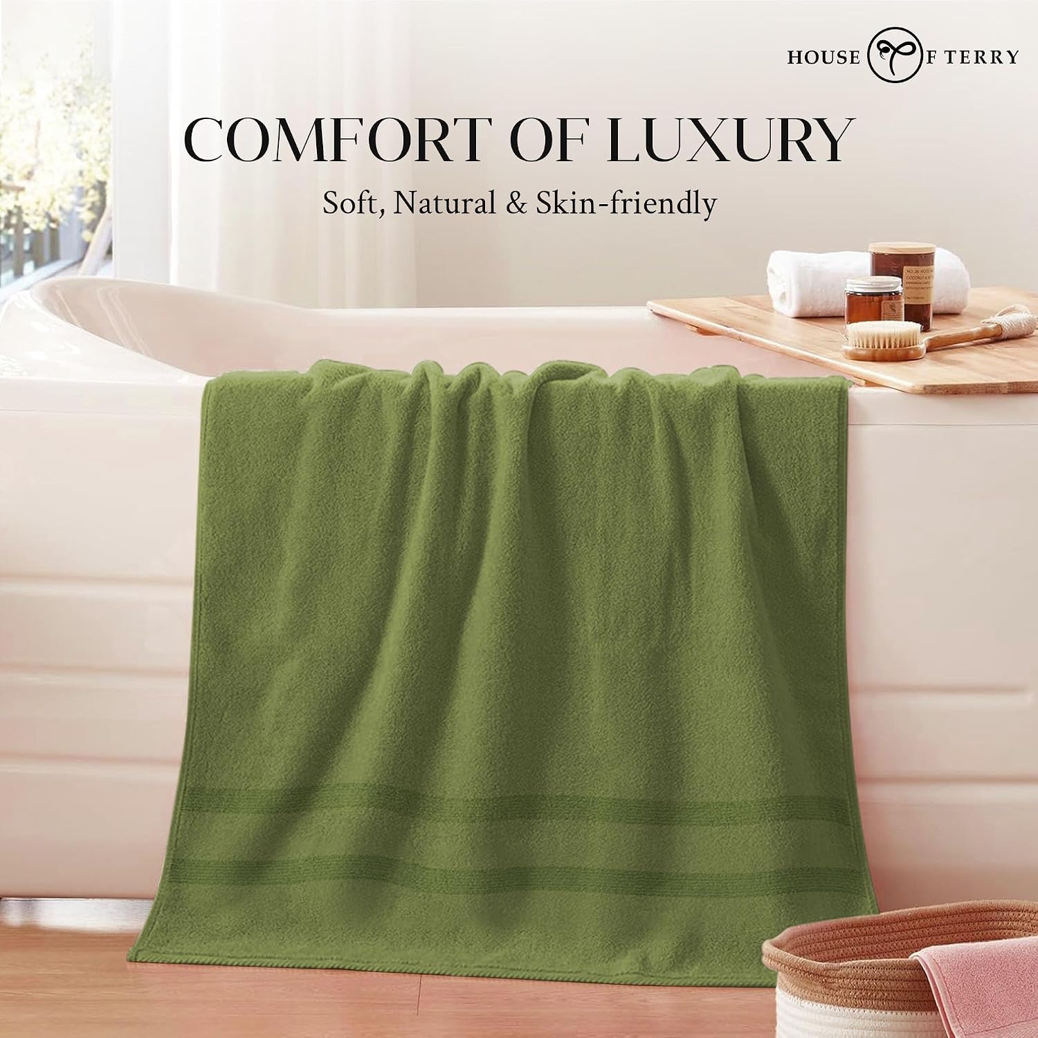 House Of Terry 100% Cotton Bath Towel 900 Gsm | Quick Dry, Fade-Resistant, Soft, Lightweight & Absorbent For Men & Women Large Size Towel (Grey & Olive Green) - 2 Pcs