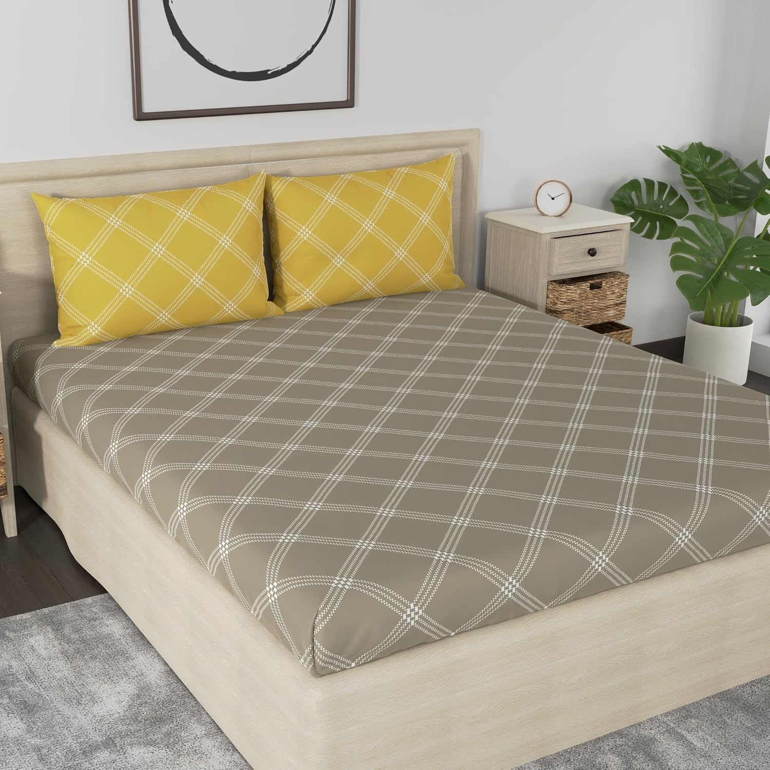 Premium Cotton Bedsheet For Double Bed King Size With 2 Pillow Covers - (108 X 108 Inches) Brandon Beige & Yellow | Ideal For All Season Comfortable Bedsheet