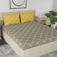 Premium Cotton Bedsheet For Double Bed King Size With 2 Pillow Covers - (108 X 108 Inches) Brandon Beige & Yellow | Ideal For All Season Comfortable Bedsheet