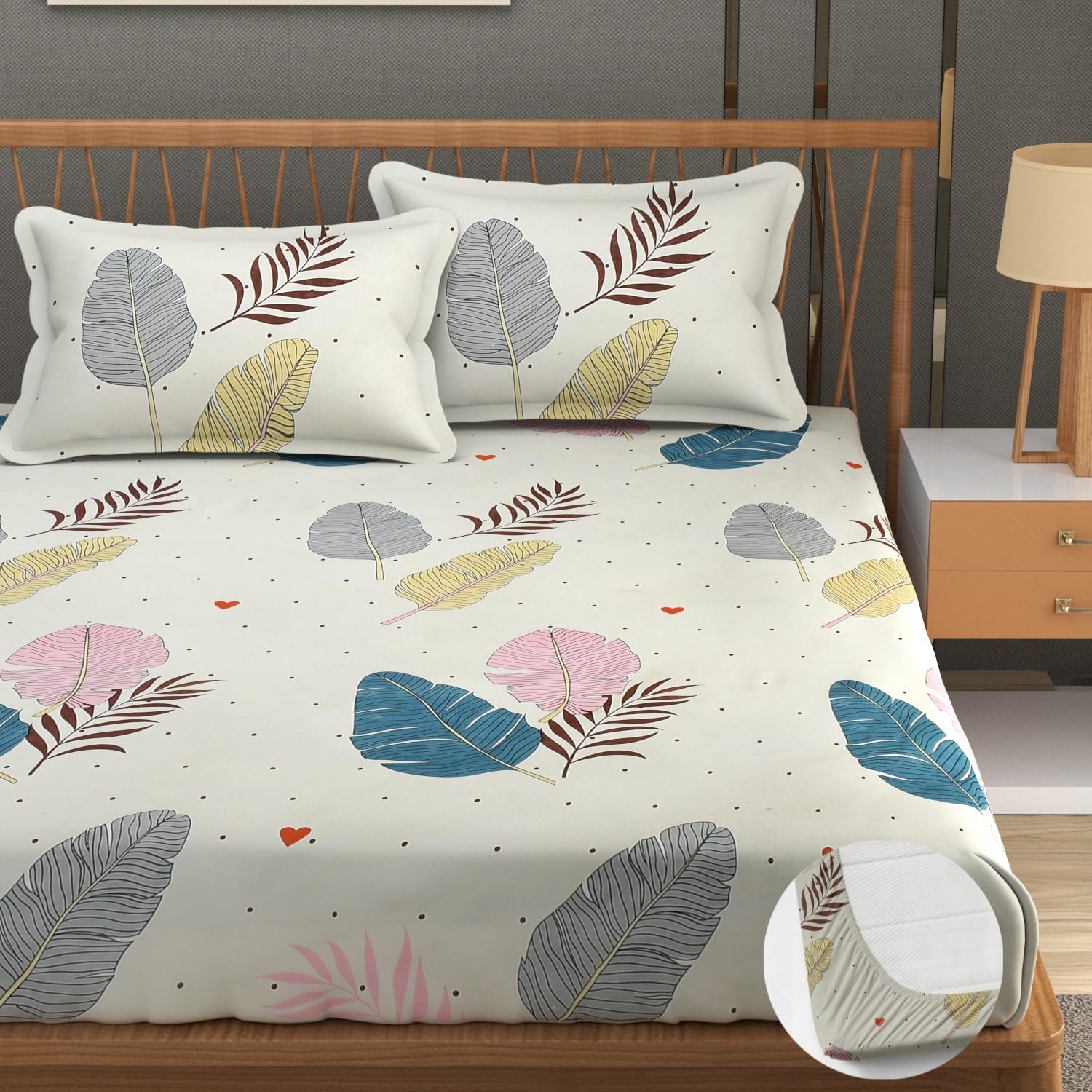 Premium Heavy Cotton Elastic Fitted King Size Bedsheet With 2 Pillow Covers - 72 X 78 X 10 Inches, Cream | All Weather Comfort & Bedroom - Softness & Natural Breathability