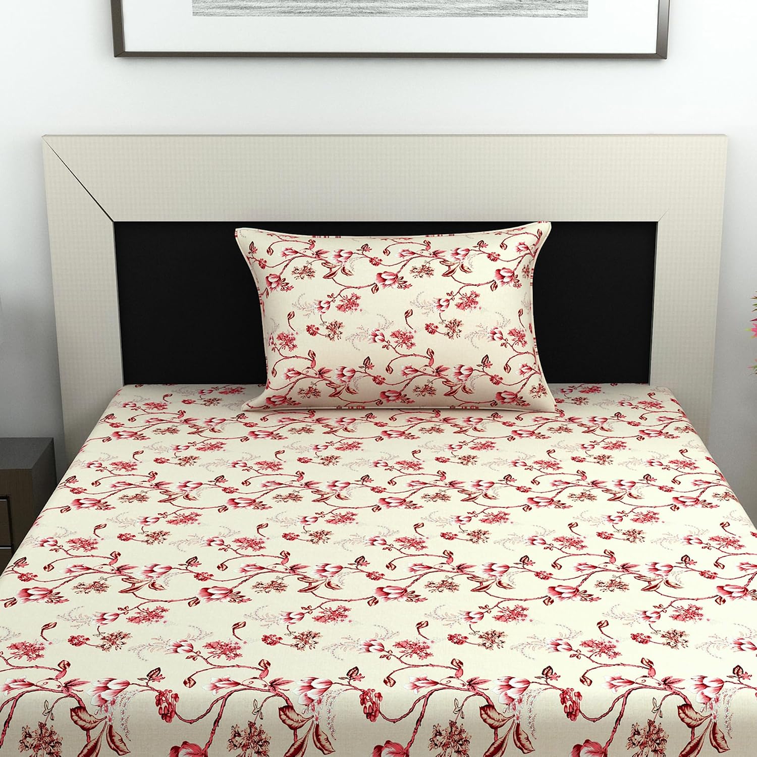 Bedsheet For Single Size Bed With 1 Pillow Cover - 57 X 87 Inches, Beige & Red | Gifts For Wedding Or Anniversary, Surprise, Soft, Breathable, & Comfortable Bedsheet