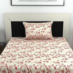 Bedsheet For Single Size Bed With 1 Pillow Cover - 57 X 87 Inches, Beige & Red | Gifts For Wedding Or Anniversary, Surprise, Soft, Breathable, & Comfortable Bedsheet