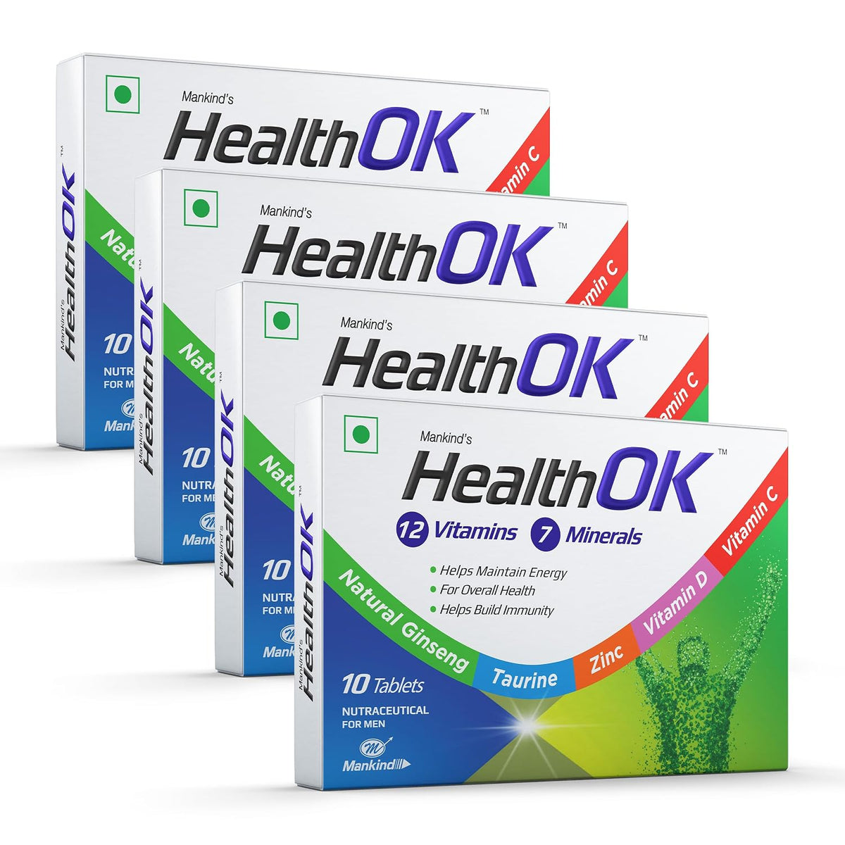 Mankind's Health Ok Multivitamin With Natural Ginseng & Taurine Power Lemon Flavour , 100% Vegetarian | 10 Tablets 50gm 0.1lbs , Each Pack Of 4