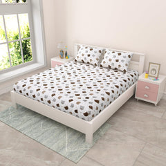 Pure Cotton Kids Bedsheet Double Bed Queen Size With 2 Pillow Covers | 90 X 100 Inches, White & Brown | Fun Cartoon Theme, Soft & Breathable Fabric