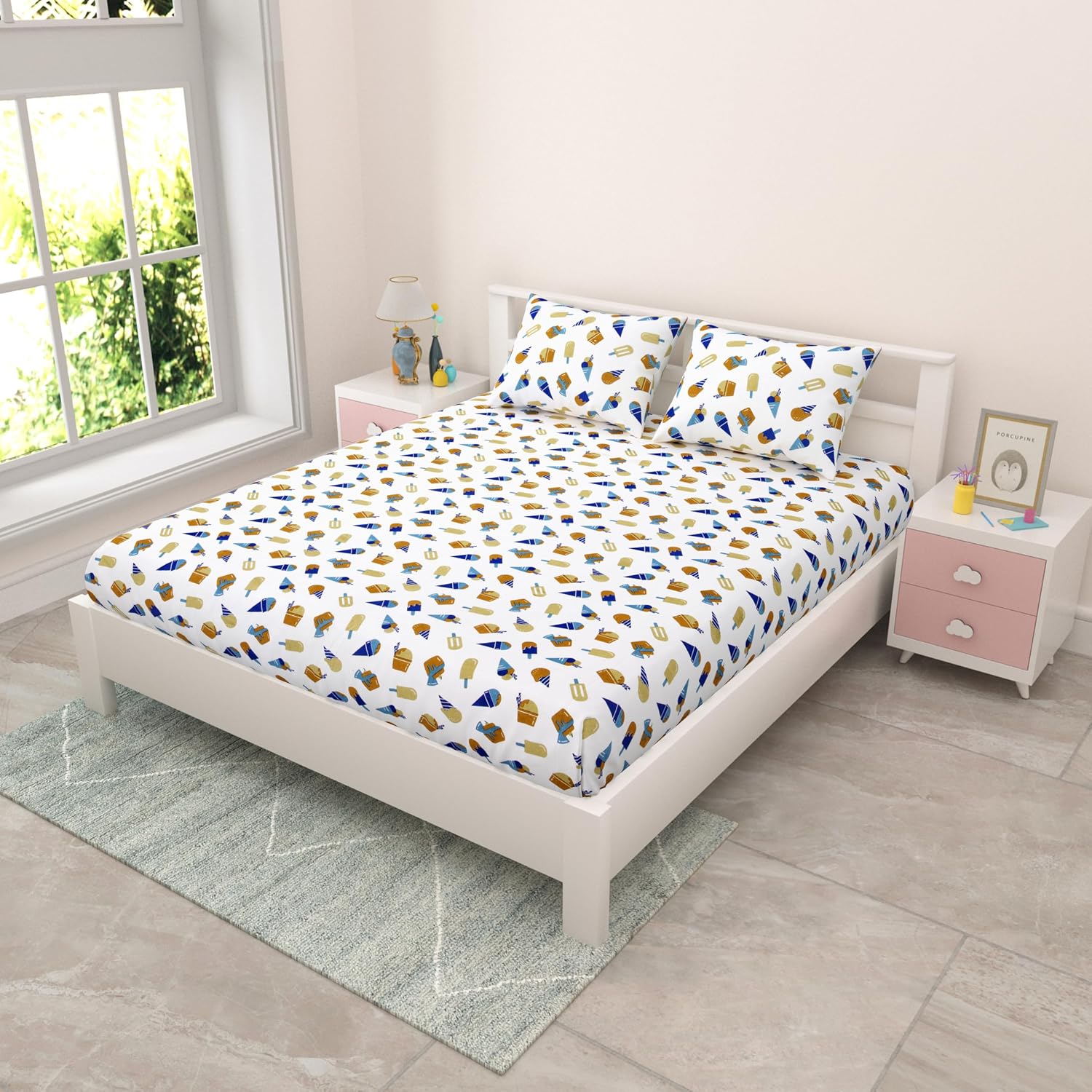 Pure Cotton Kids Bedsheet Double Bed Queen Size With 2 Pillow Covers | 90 X 100 Inches, White | Fun Cartoon Theme, Soft & Breathable Fabric
