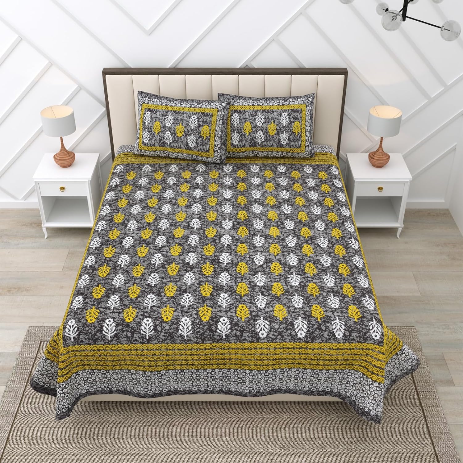 Pure 100% Cotton Double Bed Sheet With 2 Pillow Covers - 90 X 100 Inches, Grey & Green | Beautifully Handcrafted Traditional Bedsheets - Skin Friendly Fabric