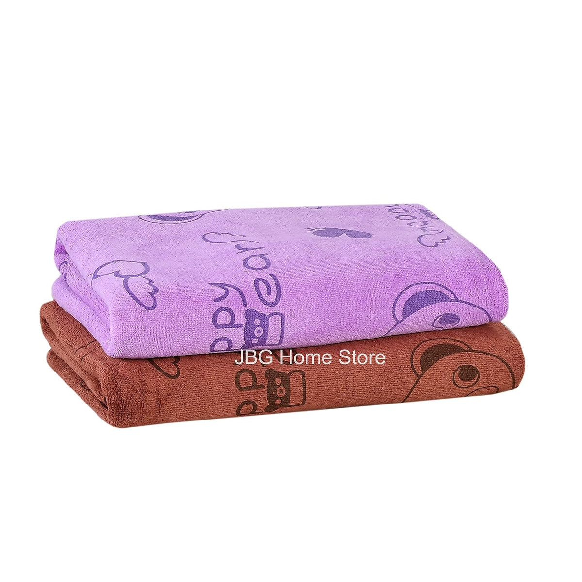 Jbg Home Store Kids Bath Towel 500 Gsm | Premium Microfiber Quick Drying Towels For Babies, Cartoon Print Wash Dry Cloth Towel (Purple & Brown Bear) - 2 Pcs
