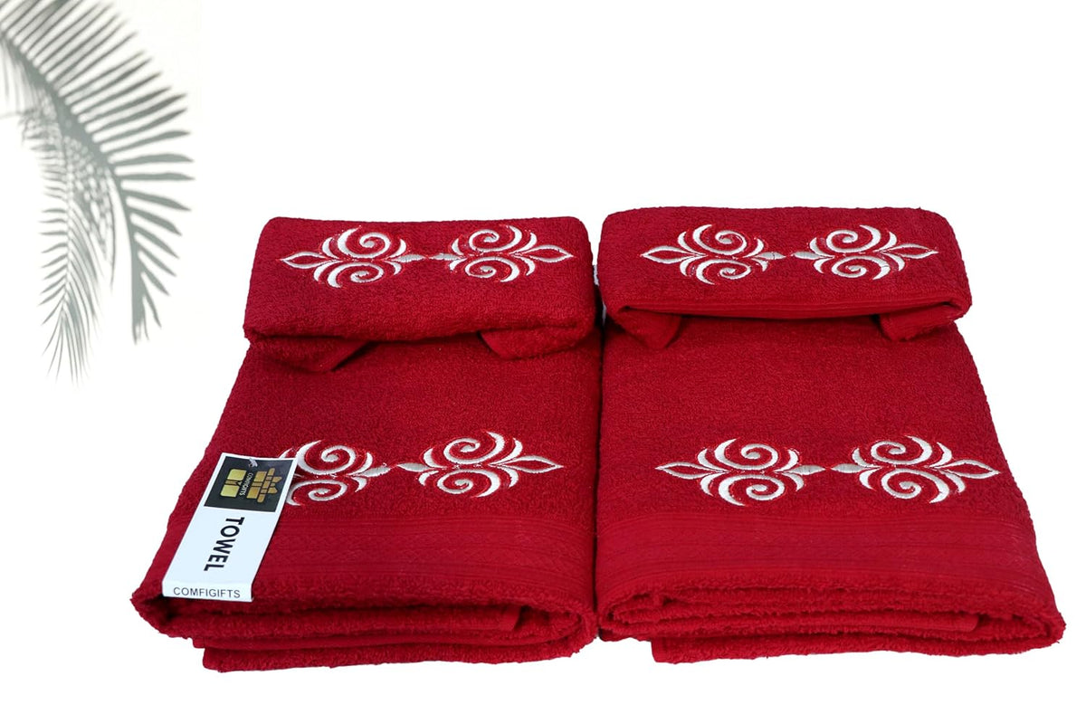 Comfigifts 100% Cotton 2 Bath & 2 Hand Towels 1400 Gsm | Soft, Absorbent, Lightweight Towels With Computerized Embroidery (Maroon D1)