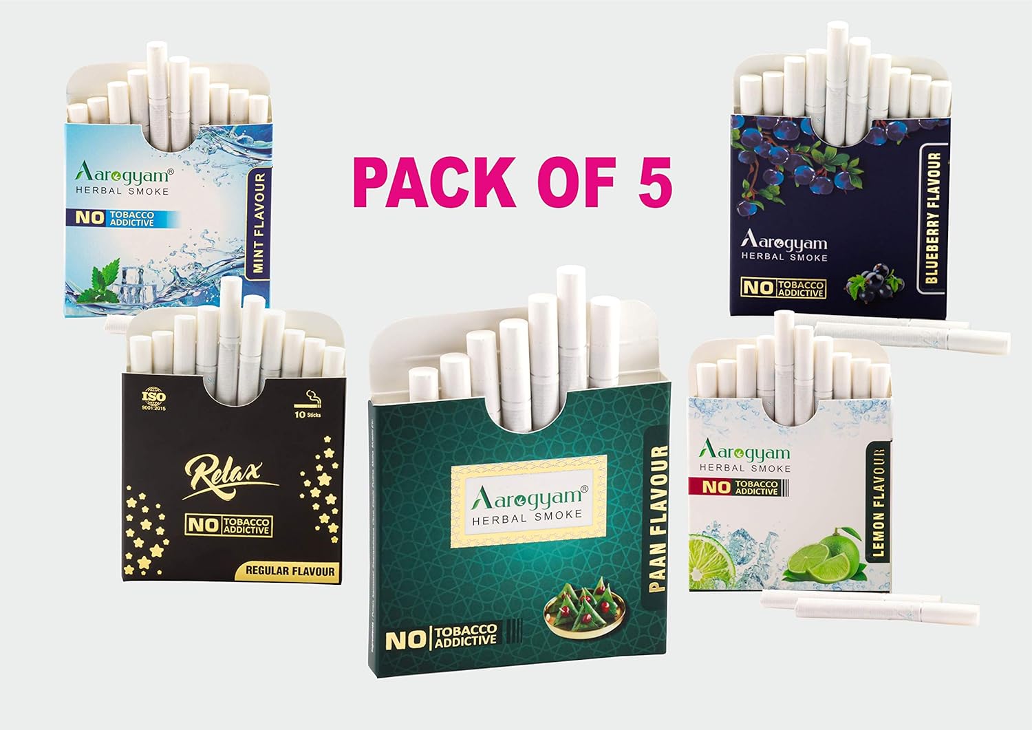 Aarogyam Herbals Tobacco & Nicotine Free Herbal Flavor Cigarette For Relieve Stress - Relax, Paan Masala, Lemon, Blueberry, Mint Flavour - Pack Of 5 50 Sticks