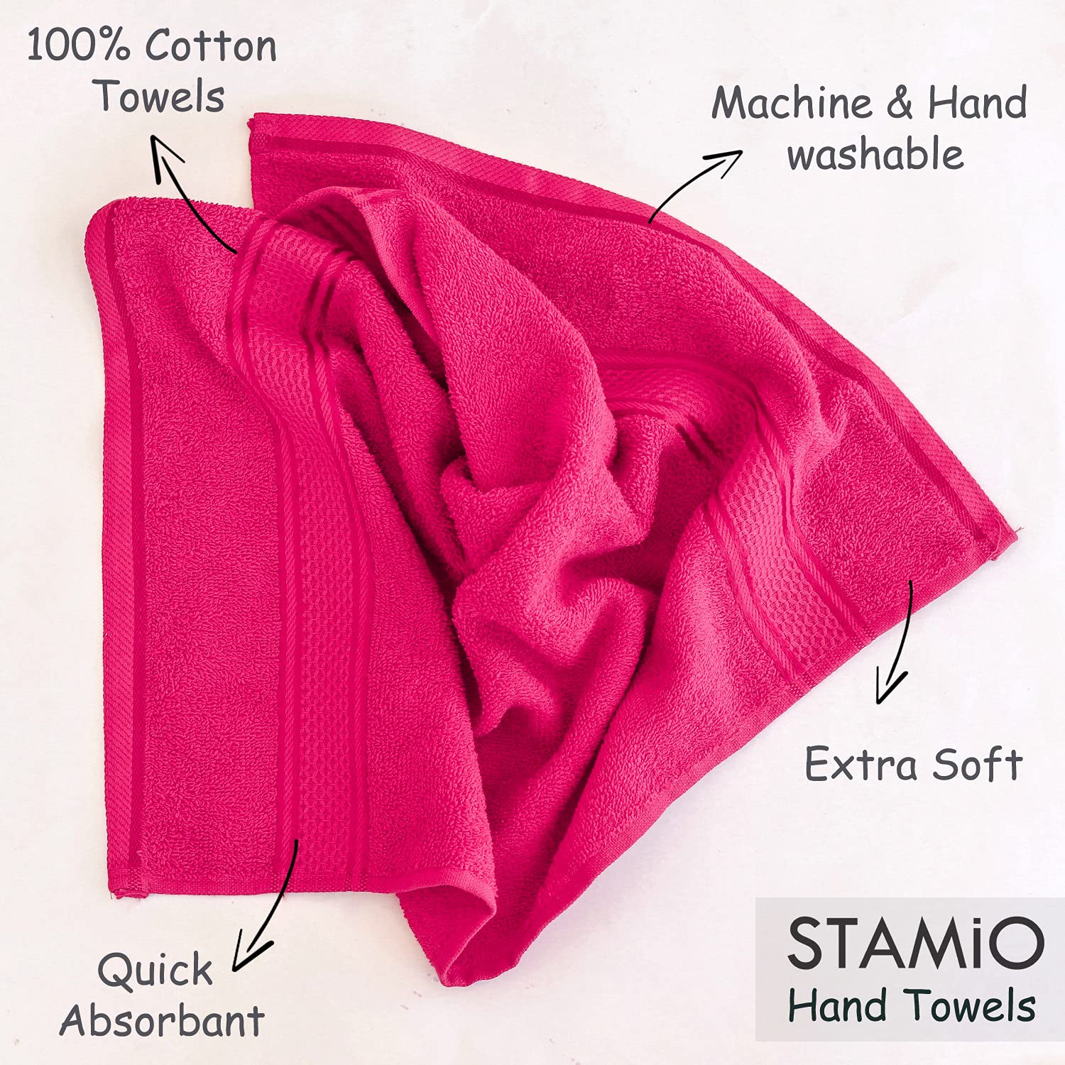 Stamio Cotton Hand Towel 800 Gsm | Soft, Absorbent, Quick Dry, Small Size Towels, Travel Friendly Towel (Magenta) - Set Of 4