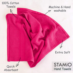 Stamio Cotton Hand Towel 800 Gsm | Soft, Absorbent, Quick Dry, Small Size Towels, Travel Friendly Towel (Magenta) - Set Of 4