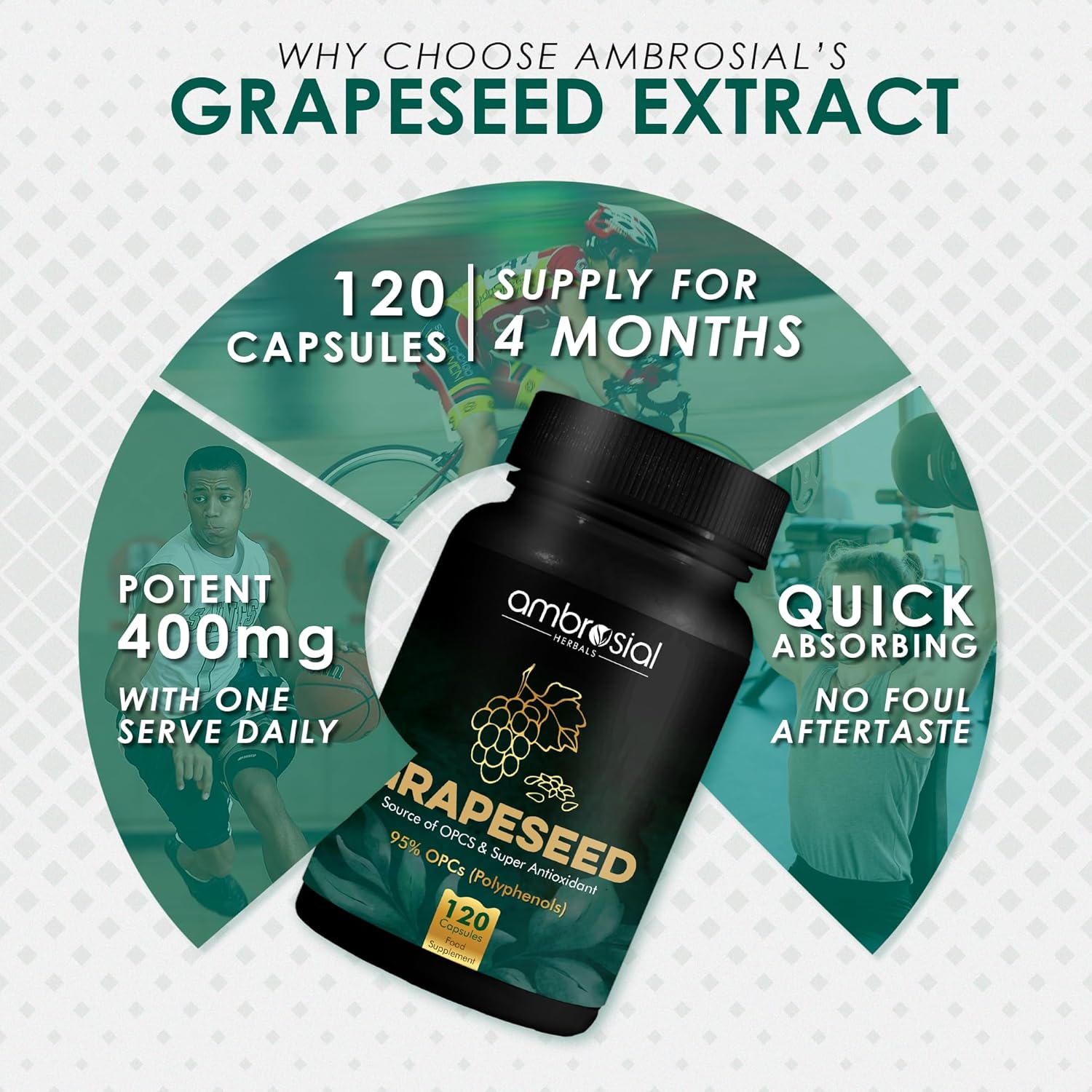 Ambrosial Grape Seed Extract Capsules 95% Opcs Polyphenols High Strength Grape Seed Supplement Strong Antioxidant | 120 Vegan Capsules 150gm 0.3lbs