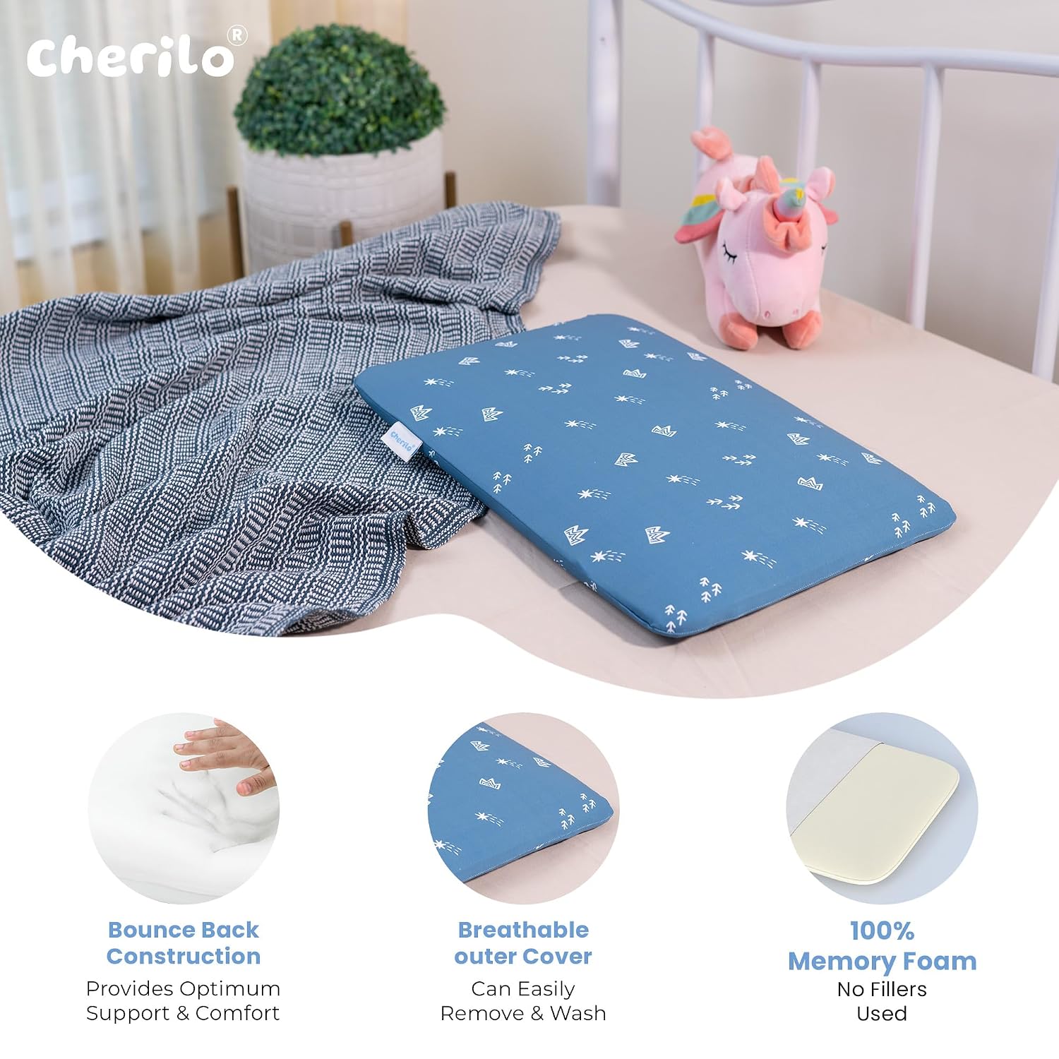 Memory Foam Pillow For Kids & Toddler, Size - 20.5 X 11.5 X 2.5 Inches | Baby Neck Support Pillow For Sleeping | Royal Star Pattern Baby Pillow, Blue, Kids Pillow Suitable For 1 Year & Above