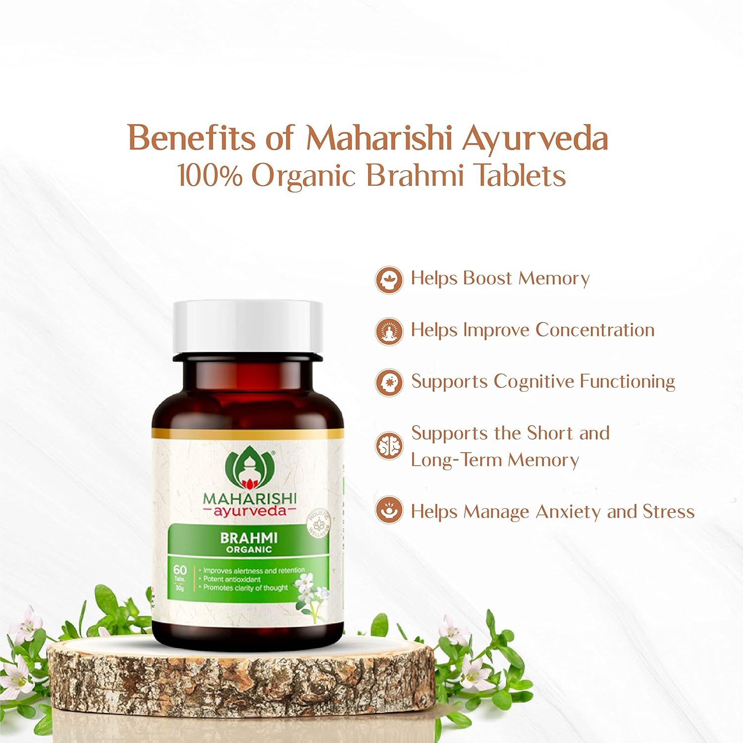 Maharishi Ayurveda Organic Brahmi Bacopa Monnieri Tablets, For Brain Health | 60 Tablets 100gm 0.2lbs Each Pack Of 2