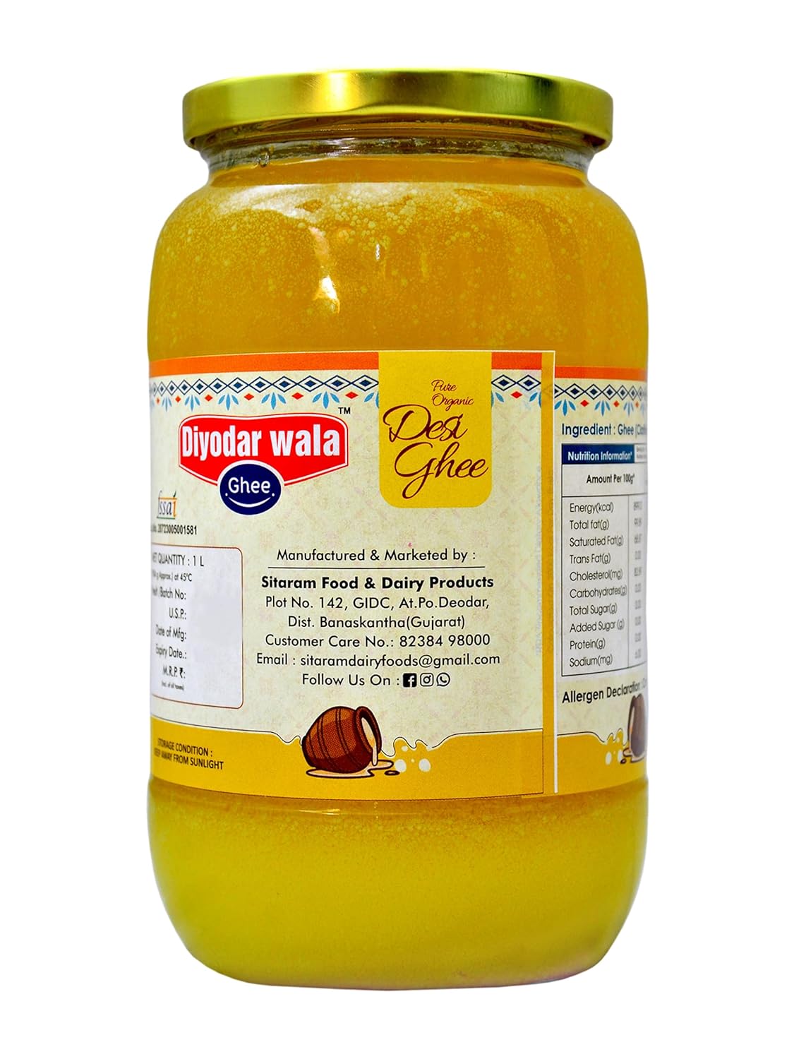 Premium Shudh Desi Cow Ghee By Diyodar Wala | Rich In Nutrients & Delicious Healthy Desi Cow Ghee Good For Dishes | (1 Litre) 33.8 Ounce | Jar Pack