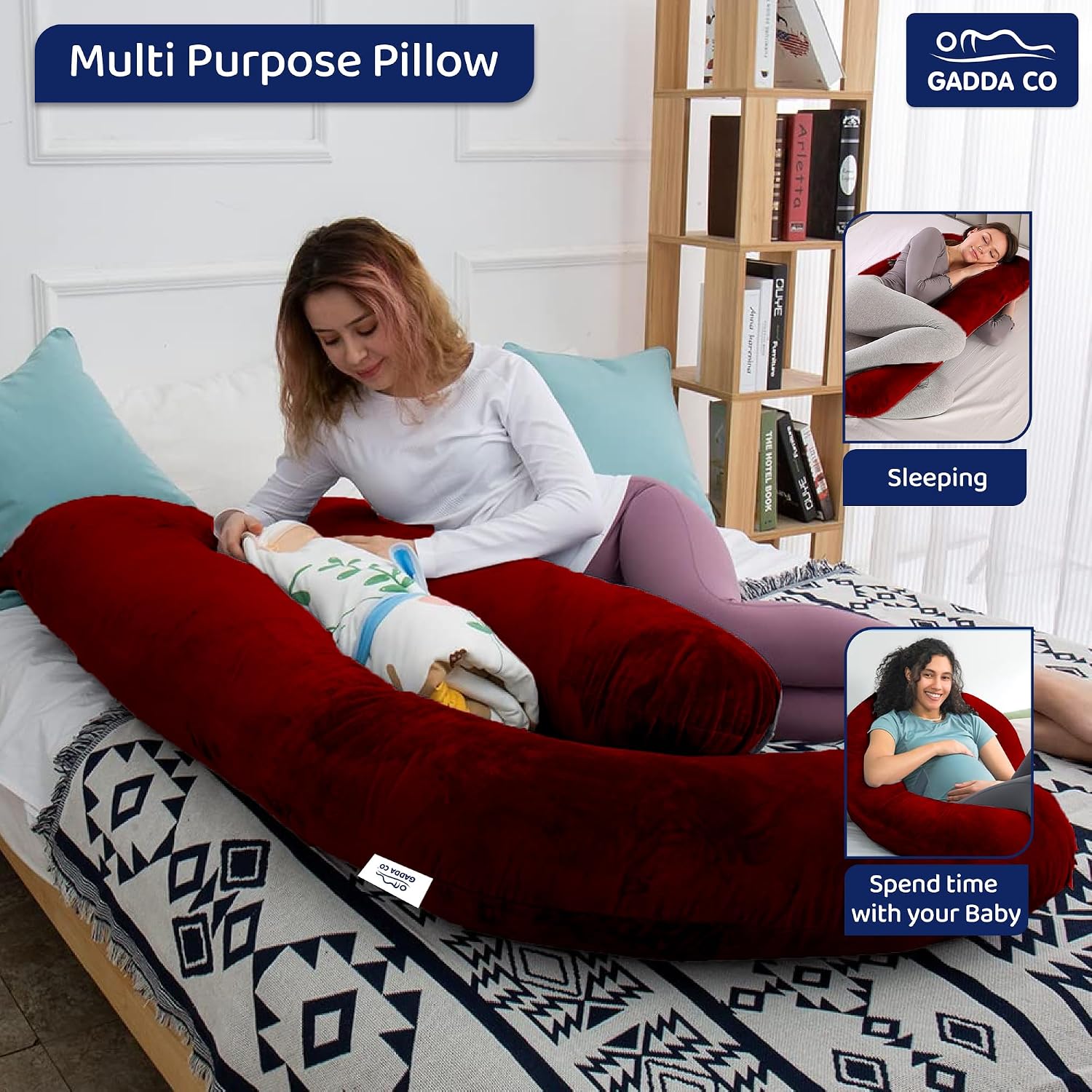 Pregnancy Pillows For Sleeping, J-Shape, Full Body Pillow & Maternity Support, Maroon | For Back, Hips, Legs, Belly | For Pregnant Women With Removable, Washable Velvet Cover, Soft Pillow