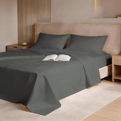 Flat Bedsheet For Double Bed Queen Size With Two Matching Pillow Cover - 90 X 110 Inches, Dark Grey | Sheets Naturally Breathable & Durable