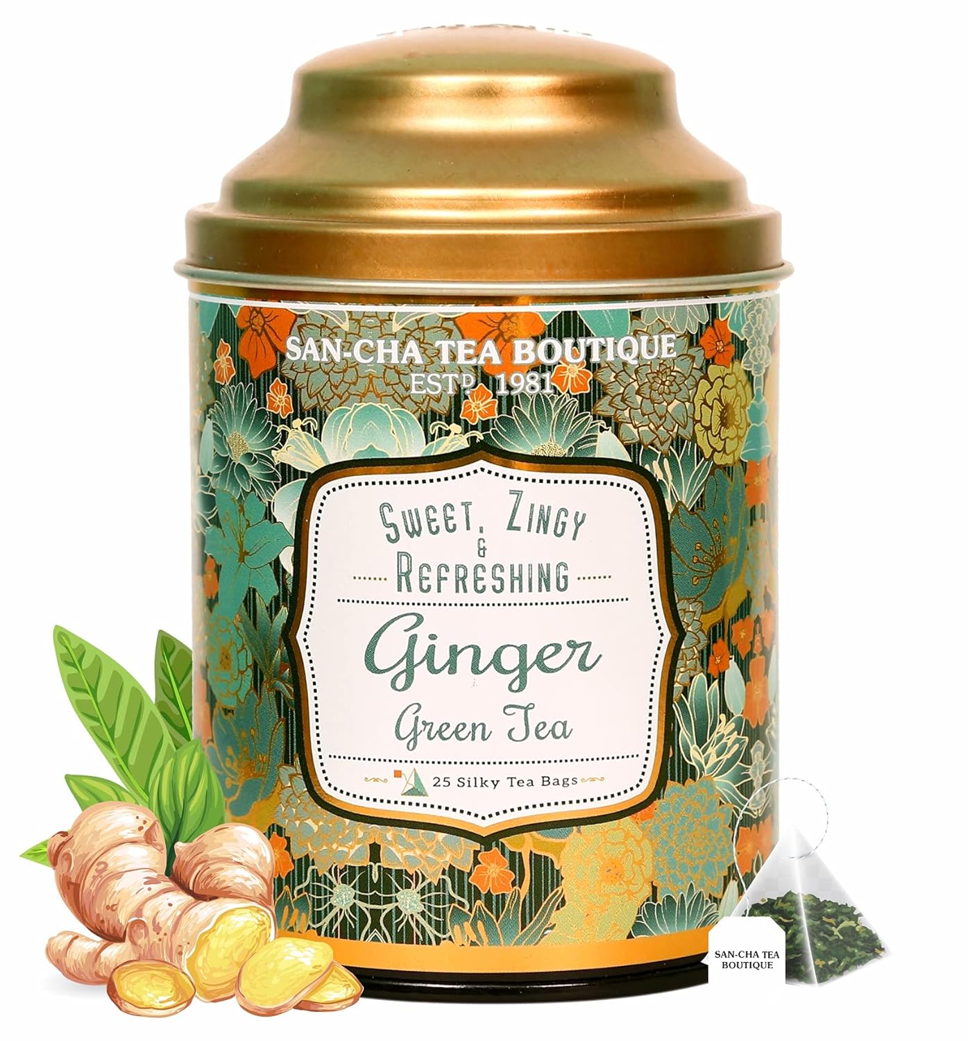 San-Cha Ginger Green Tea - 25 Silky Tea Bags | Sweet Zingy & Refreshing Detox Tea - Environment Friendly & Made In Corn Fiber | Low Caffeine, Low Bitterness