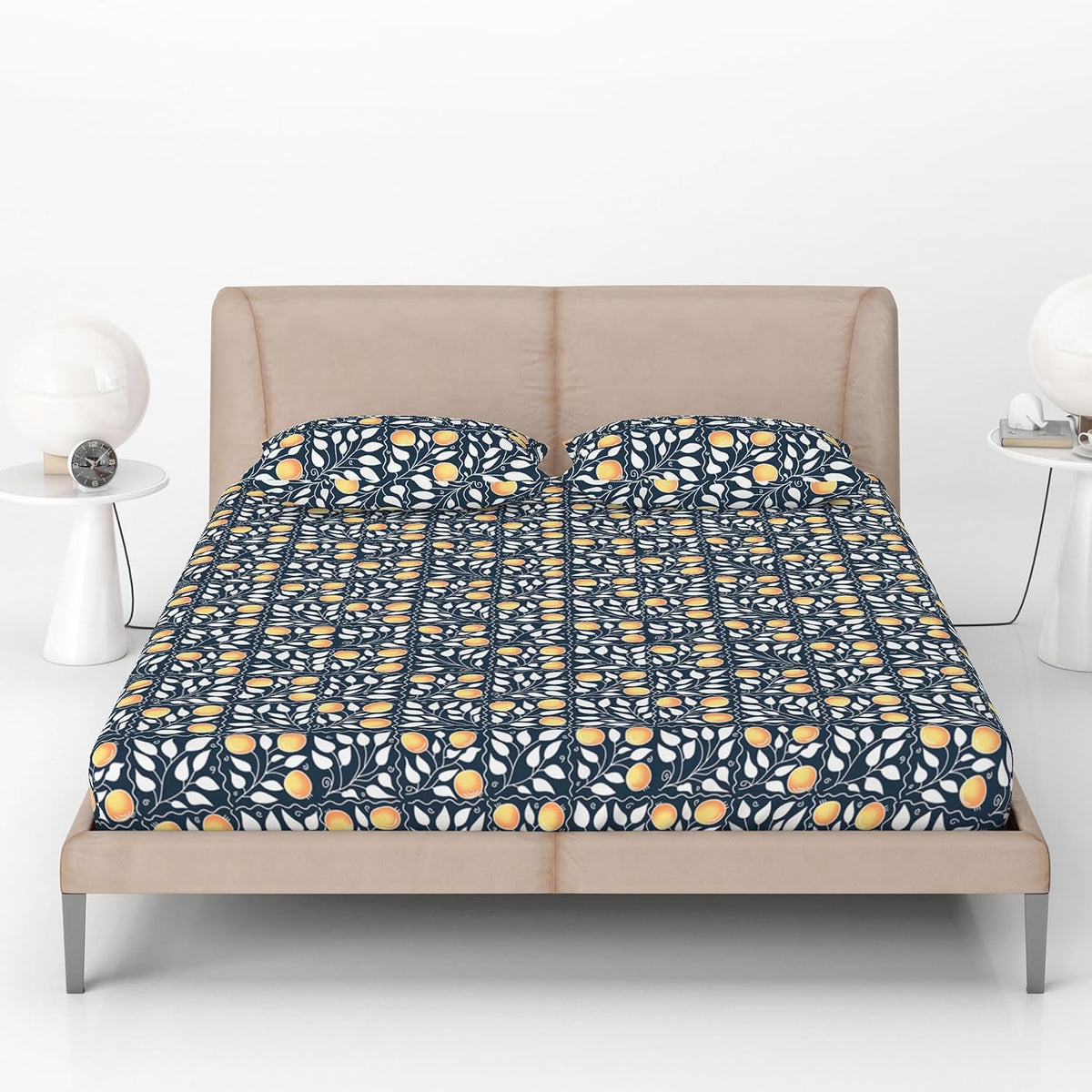 Printed King Size Double Bedsheet With 2 Pillow Cover For Bedroom | 72 X 78 + 9 Inches, Blue & White - All Around Elastic Fitted | Ideal For Everyday Use