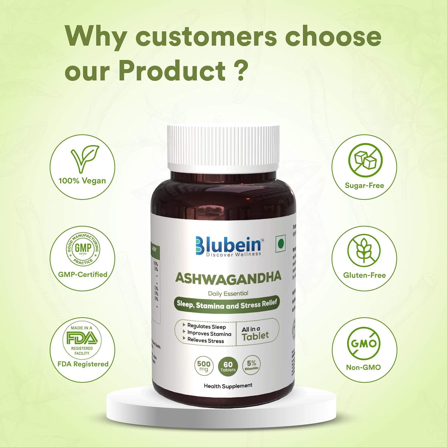 Blubein Ashwagandha Natural Stress Reliever, Enhances Physical Performance 500mg With 5% Withanolides, For Stress Relief & Anxiety Reduction | 60 Tablets 100gm 0.2lbs