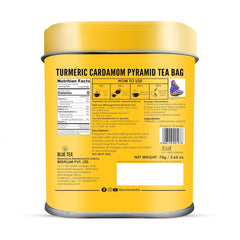 Blue Tea Curcumin Rich Turmeric Cardamom Herbal Tea - 30 Pyramid Tea Bags In Reusable Tin Pack | Enhances Immune System - Caffeine Free, Gluten Free, Non-GMO